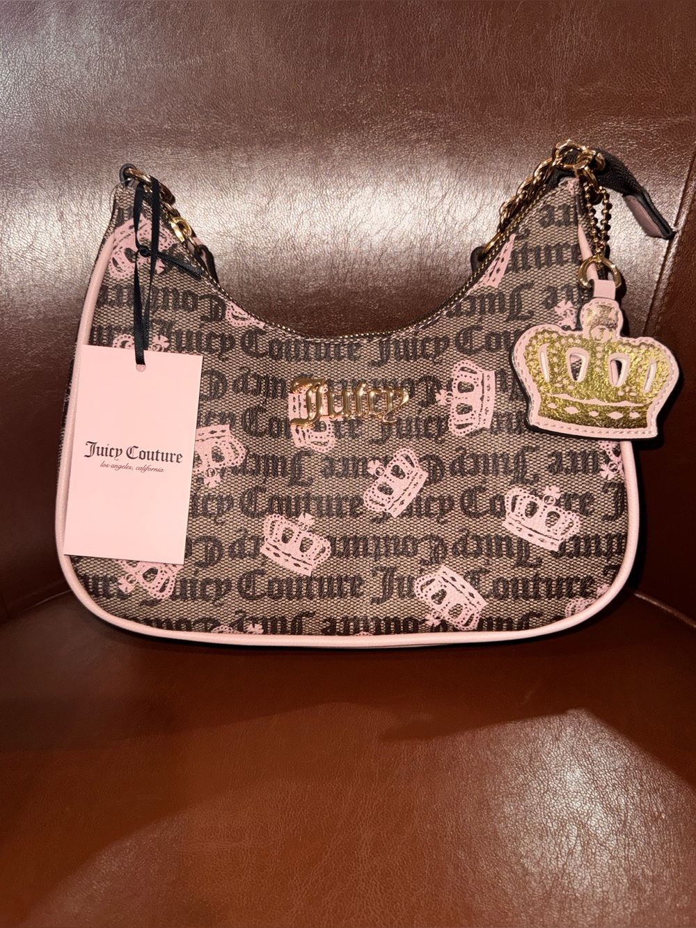 NWT Juicy Couture Simply Sweet Crown Shoulder Bag Y2K Pink Brown Taupe